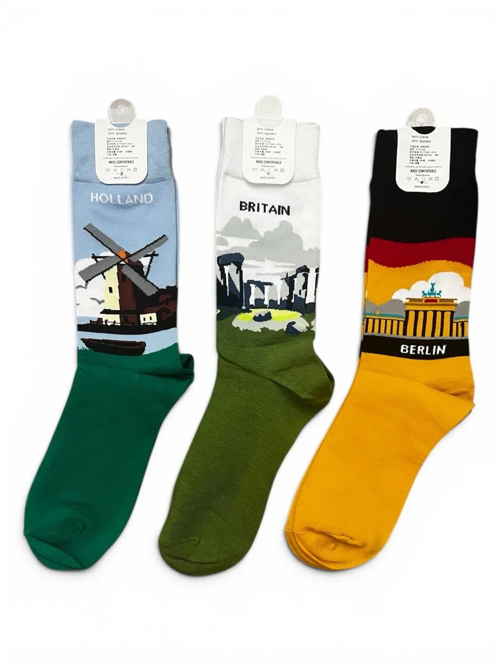 Bundle Of 3 European Landmark Travel Souvenir Crew Socks Holland Berlin Britain